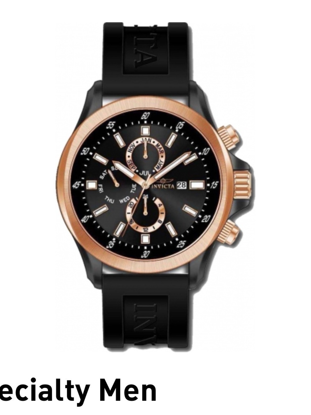 Invicta Specialty GMT watch, featuring a rose gold-tone case and a black dial.